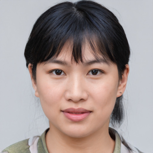 Neutral asian young-adult female with medium  brown hair and brown eyes