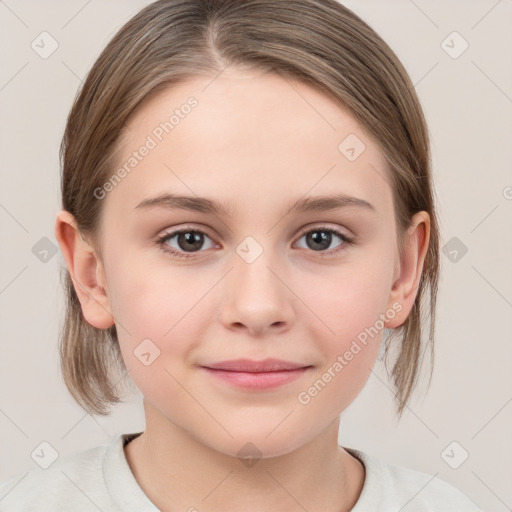 Joyful white child female with medium  brown hair and grey eyes