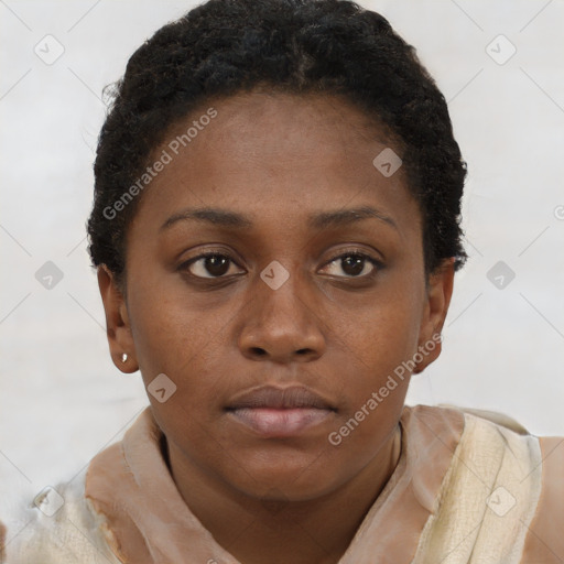 Neutral black young-adult female with short  brown hair and brown eyes