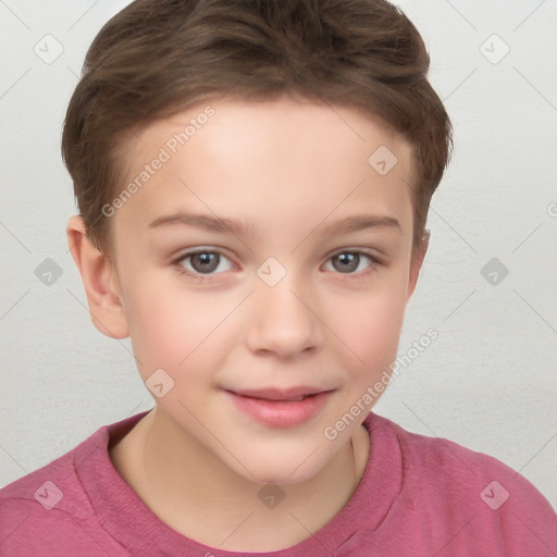 Joyful white child female with short  brown hair and brown eyes