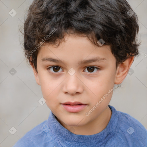 Joyful white child male with short  brown hair and brown eyes