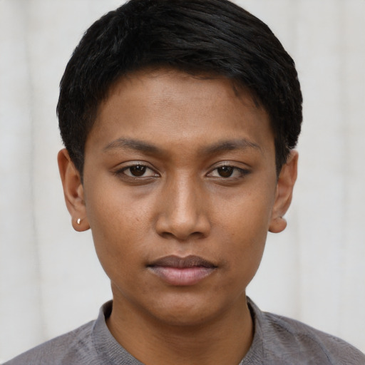 Neutral black young-adult female with short  black hair and brown eyes