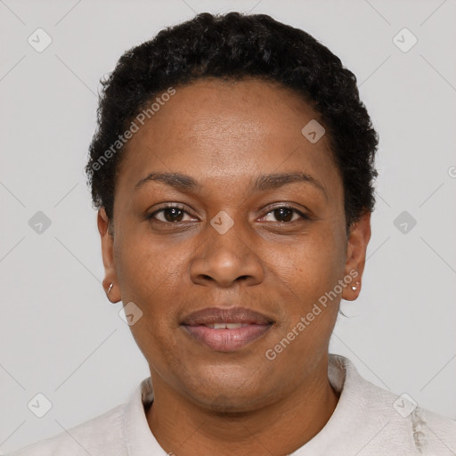 Joyful black adult female with short  black hair and brown eyes