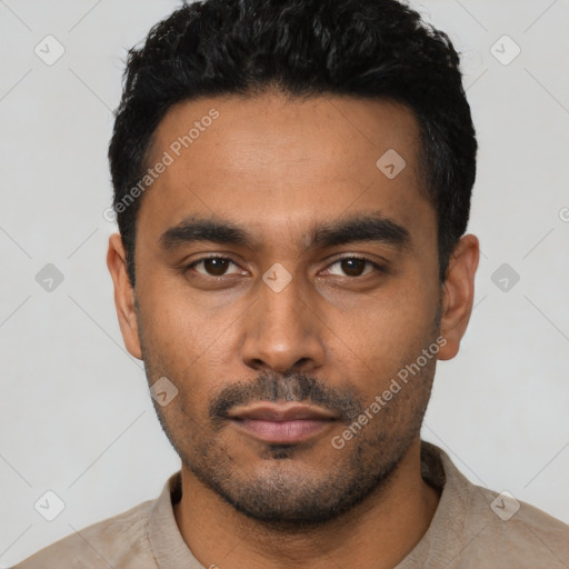 Neutral latino young-adult male with short  black hair and brown eyes