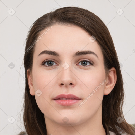 Neutral white young-adult female with long  brown hair and grey eyes