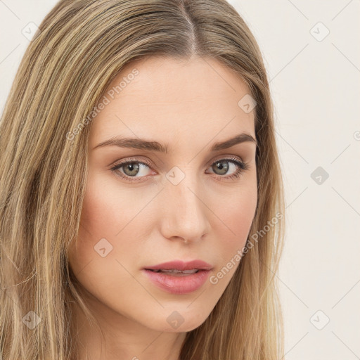 Neutral white young-adult female with long  brown hair and brown eyes