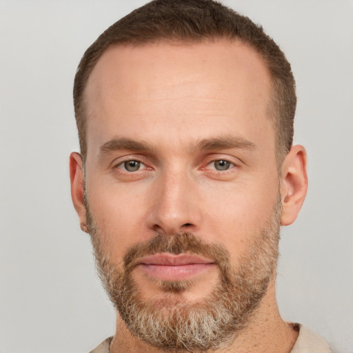 Neutral white young-adult male with short  brown hair and grey eyes