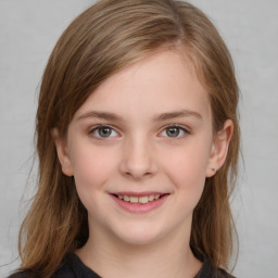 Joyful white child female with medium  brown hair and brown eyes