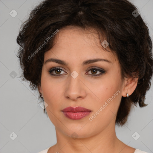 Joyful white young-adult female with medium  brown hair and brown eyes