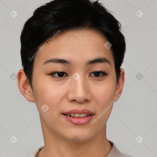 Joyful asian young-adult female with short  brown hair and brown eyes