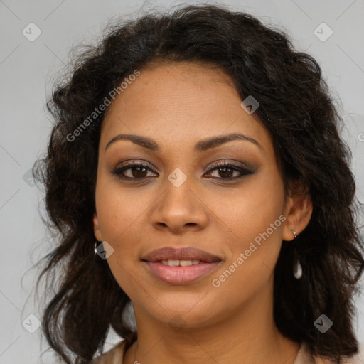 Joyful latino young-adult female with long  brown hair and brown eyes