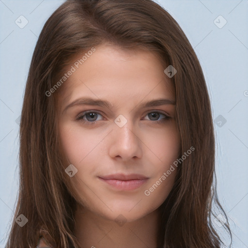 Neutral white young-adult female with long  brown hair and brown eyes