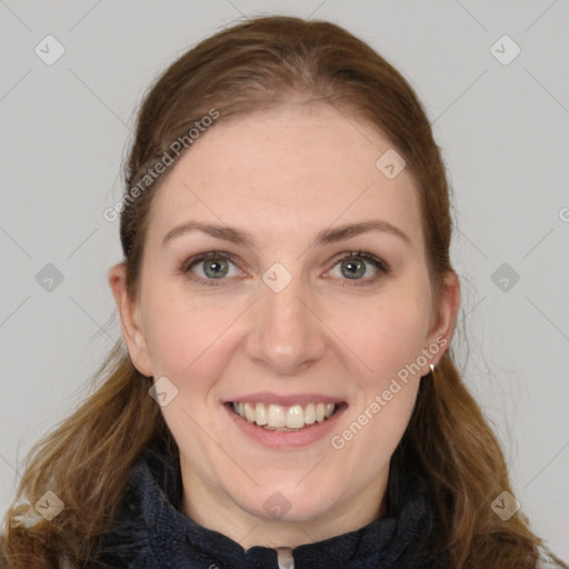 Joyful white young-adult female with long  brown hair and grey eyes