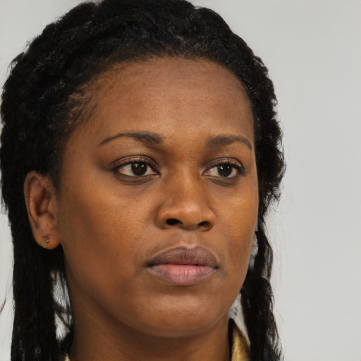 Joyful black young-adult female with long  brown hair and brown eyes