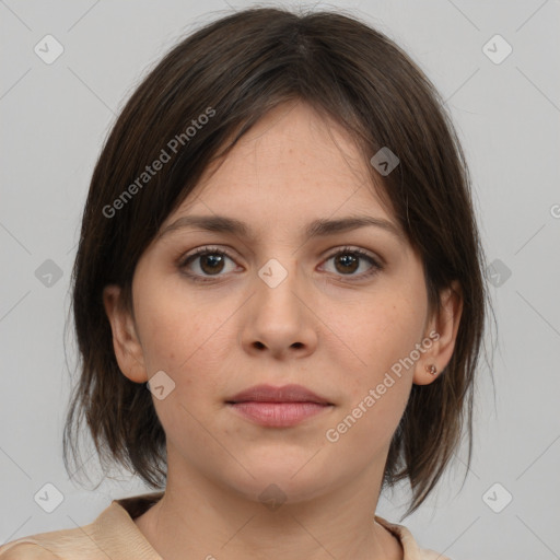 Neutral white young-adult female with medium  brown hair and brown eyes