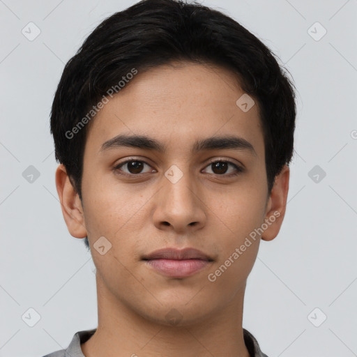 Neutral latino young-adult male with short  black hair and brown eyes