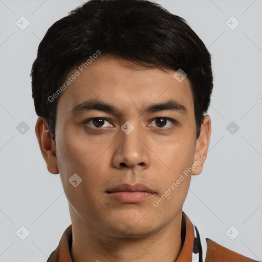 Neutral asian young-adult male with short  brown hair and brown eyes
