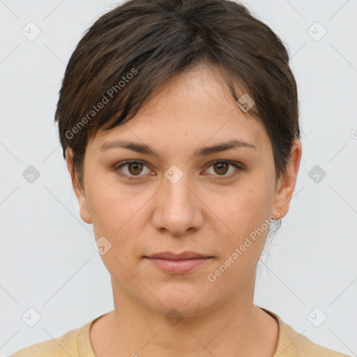 Neutral white young-adult female with short  brown hair and brown eyes