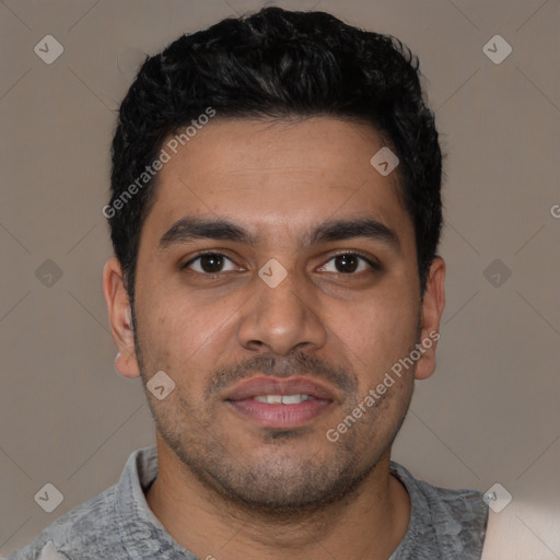 Neutral latino young-adult male with short  black hair and brown eyes