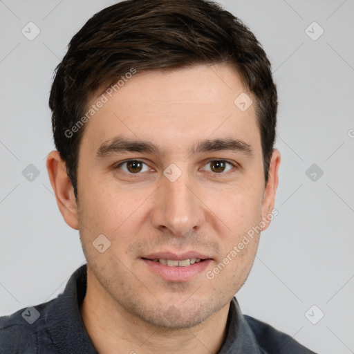 Joyful white young-adult male with short  brown hair and brown eyes