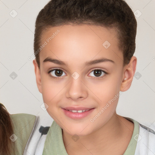 Joyful white child female with short  brown hair and brown eyes