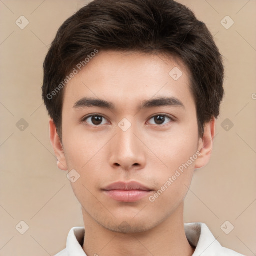 Neutral white young-adult male with short  brown hair and brown eyes