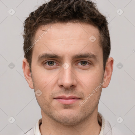 Neutral white young-adult male with short  brown hair and grey eyes