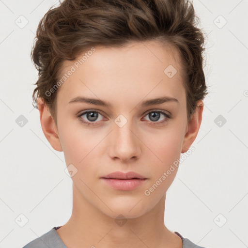 Neutral white young-adult female with short  brown hair and brown eyes