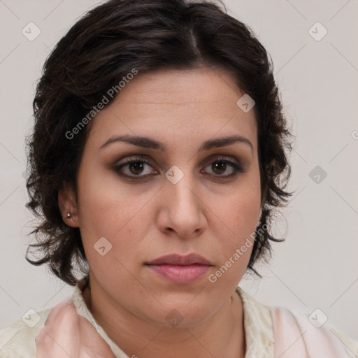 Neutral white young-adult female with medium  brown hair and brown eyes