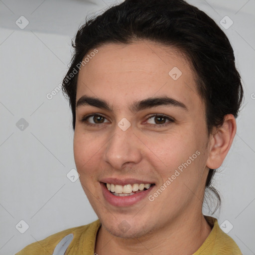 Joyful white young-adult female with short  brown hair and brown eyes