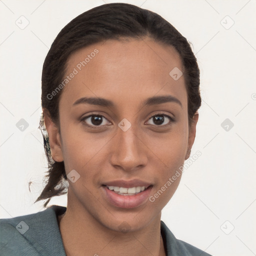 Joyful white young-adult female with short  brown hair and brown eyes