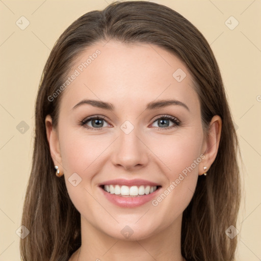 Joyful white young-adult female with long  brown hair and grey eyes