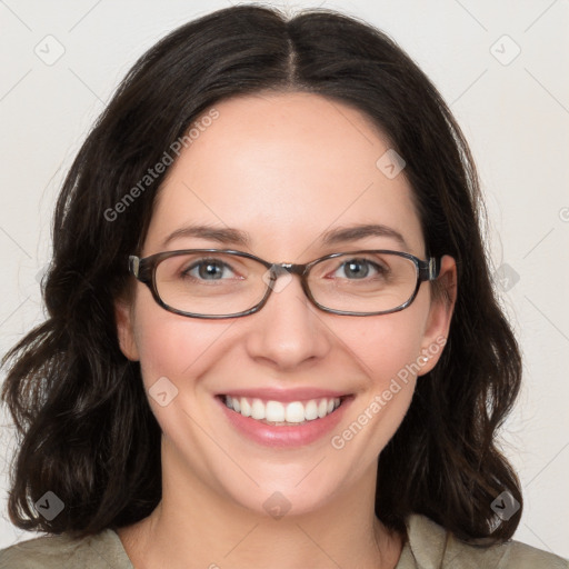 Joyful white young-adult female with medium  brown hair and green eyes