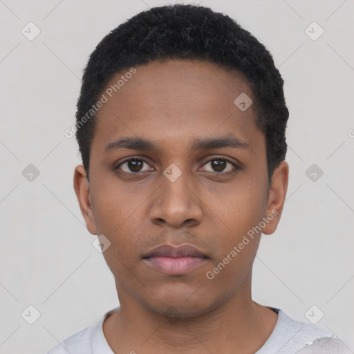Neutral black young-adult male with short  black hair and brown eyes