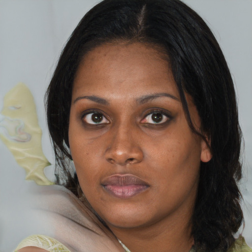 Neutral black young-adult female with medium  brown hair and brown eyes