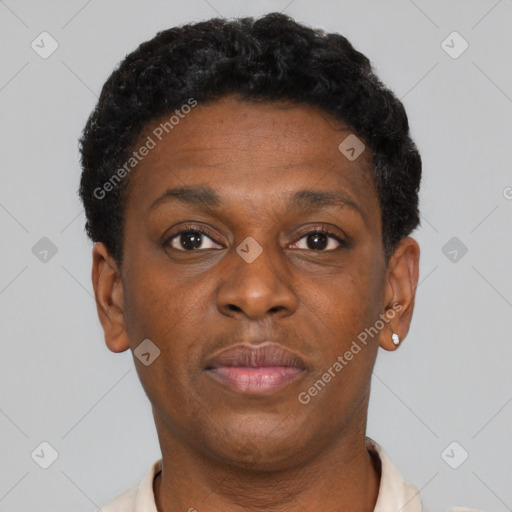 Neutral black young-adult female with short  brown hair and brown eyes