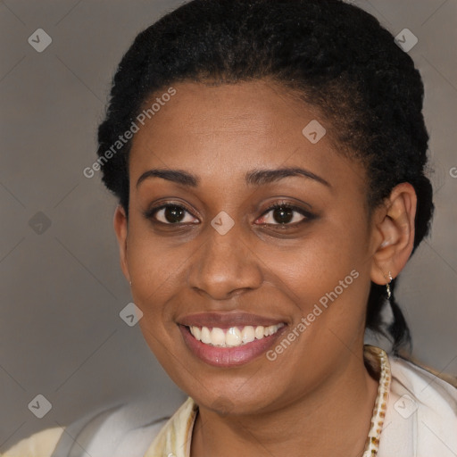 Joyful latino young-adult female with short  brown hair and brown eyes