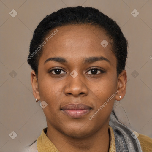 Joyful latino young-adult female with short  black hair and brown eyes