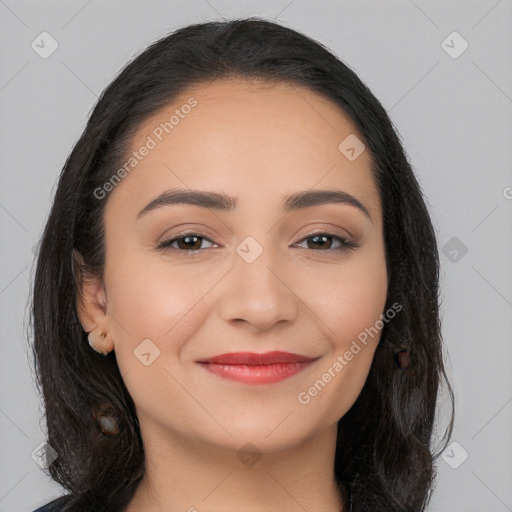 Joyful white young-adult female with long  black hair and brown eyes