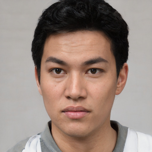 Neutral asian young-adult male with short  black hair and brown eyes