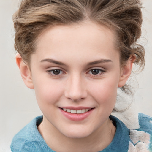 Joyful white child female with medium  brown hair and grey eyes