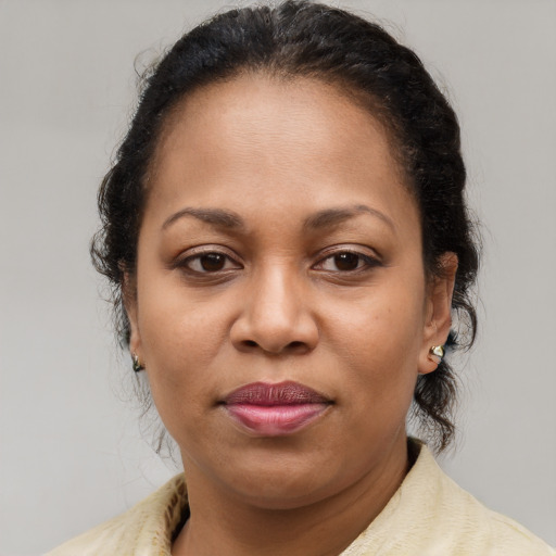 Joyful latino adult female with short  brown hair and brown eyes