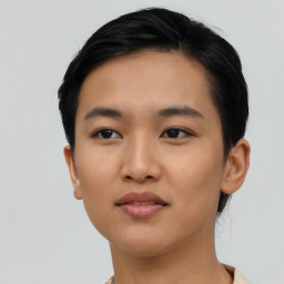 Neutral asian young-adult female with short  black hair and brown eyes