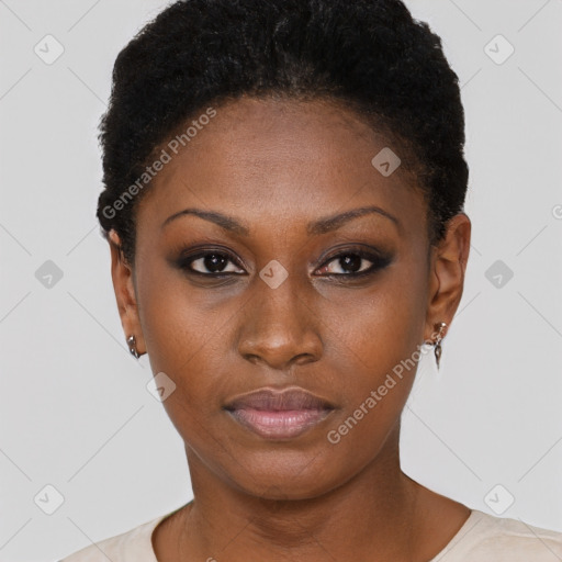 Neutral black young-adult female with short  brown hair and brown eyes