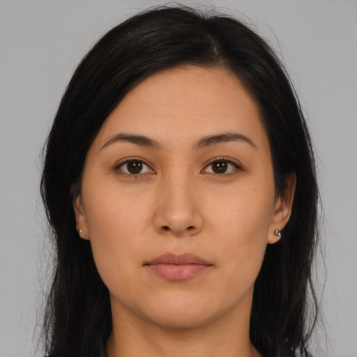 Neutral asian young-adult female with long  brown hair and brown eyes