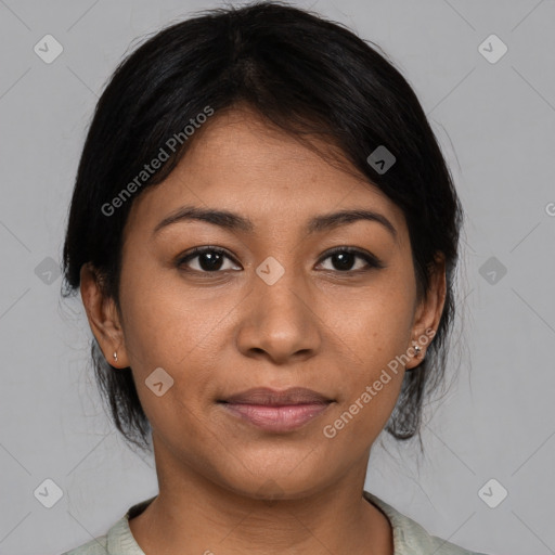 Joyful asian young-adult female with medium  black hair and brown eyes