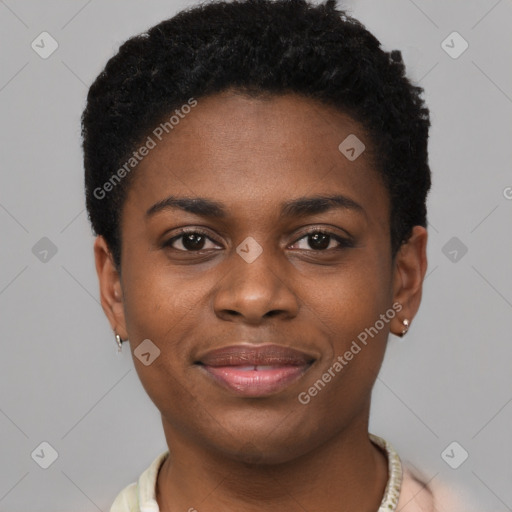 Joyful black young-adult female with short  brown hair and brown eyes