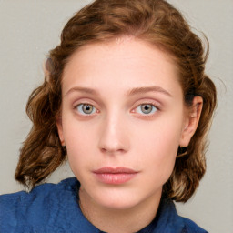 Neutral white young-adult female with medium  brown hair and blue eyes