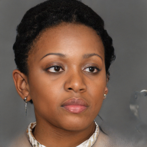 Neutral black young-adult female with short  brown hair and brown eyes