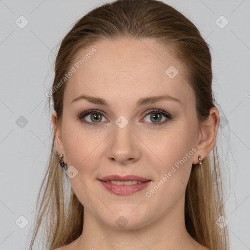 Joyful white young-adult female with long  brown hair and grey eyes